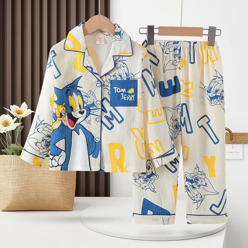 Autumn Children's Pajamas Boys Cardigan Homewear Set Lapel Long Pants Long Sleeve Cloud Cotton New Foreign Trade In Stock