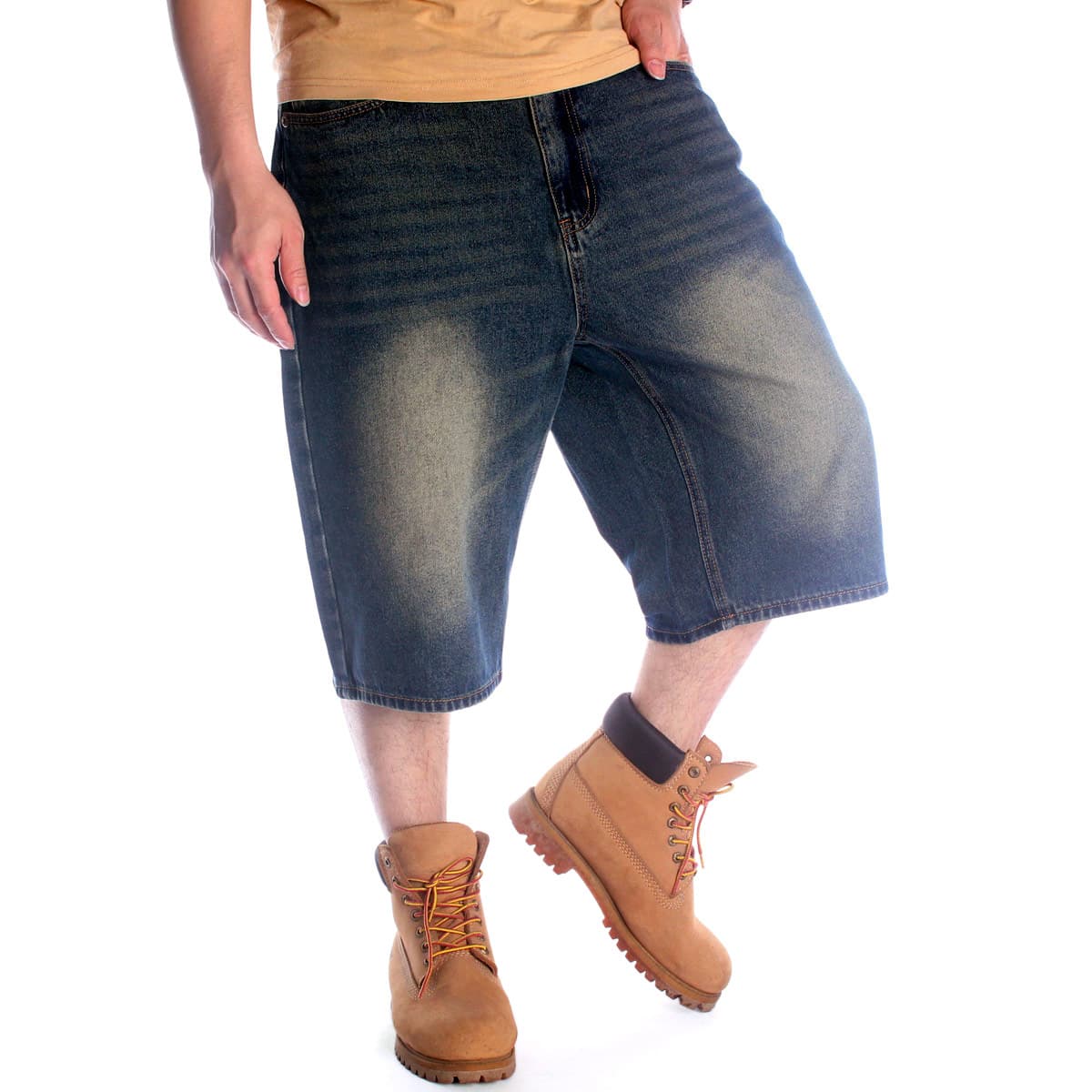 Cross-border European and American Hip Hop Jeans for Men, Youth Short Trendy Washed Distressed Loose Capri Pants, Plus Size Skateboard Pants