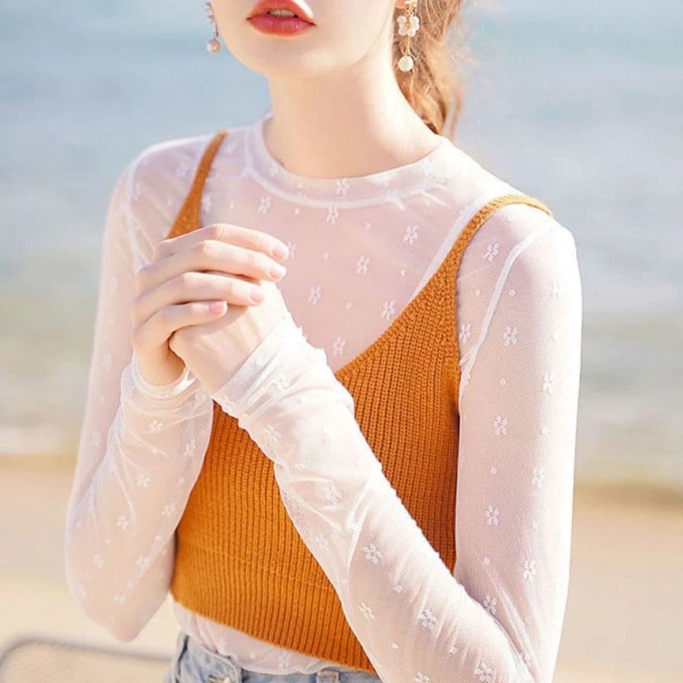 Lace Blouse Undershirt for Women 2022 New Spring Autumn White Elegant Fairy Chiffon Mesh Inner Top