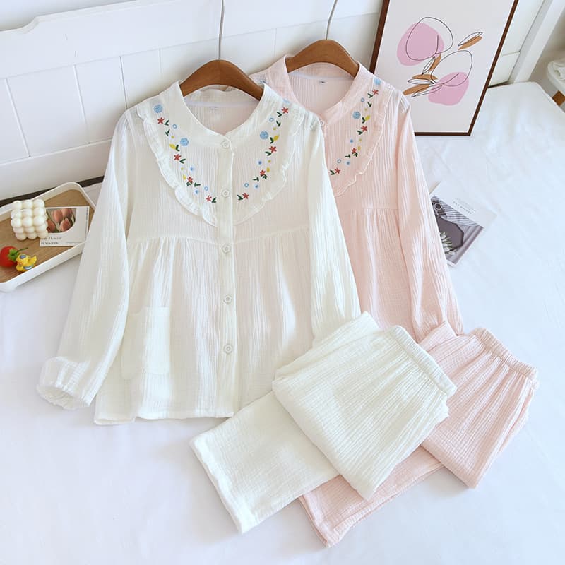 Women's Spring and Autumn Cotton Pajama Set with Embroidery, New Style, Thin Summer, Full Cotton, Plus Size Loungewear