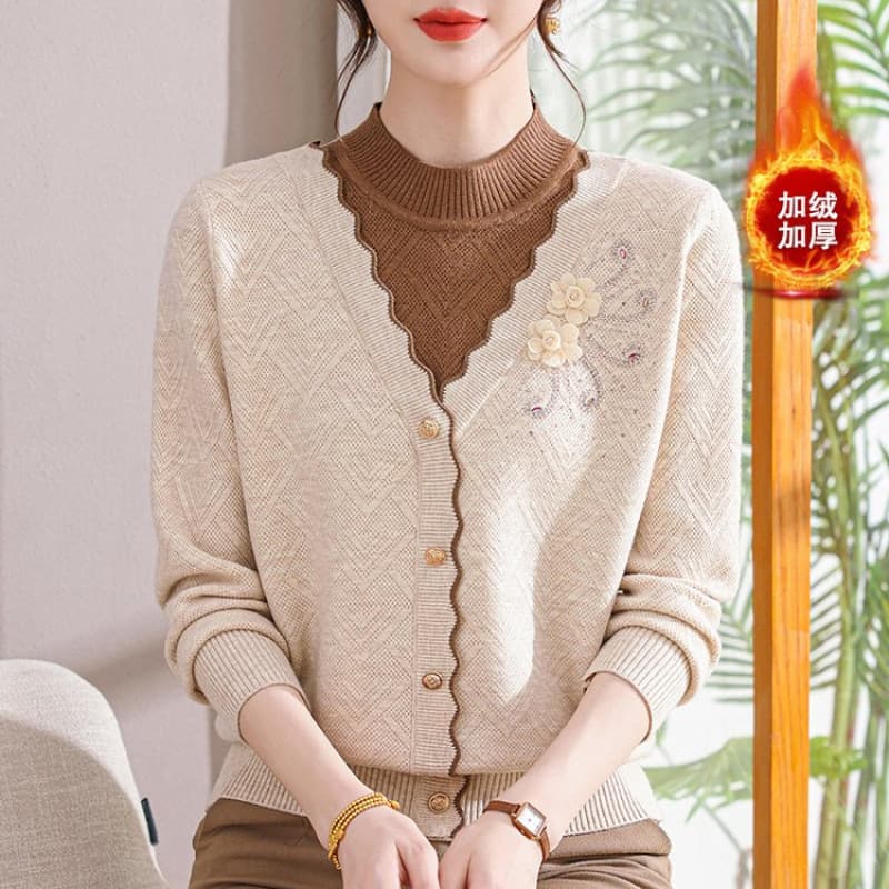 Autumn Knitted Sweater for Middle-aged and Elderly Women, Half High Neck Base Layer, Fleece-lined and Thickened, Stylish Mother's Clothing