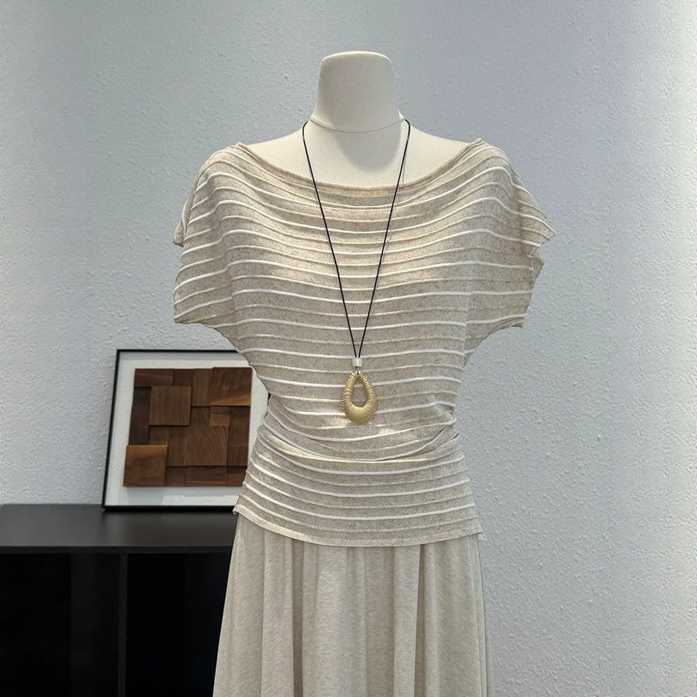 Korean-style Striped One-Shoulder Knit Top for Women, Summer 2026 New Short-Sleeve T-Shirt, Off-Shoulder Top Fashion