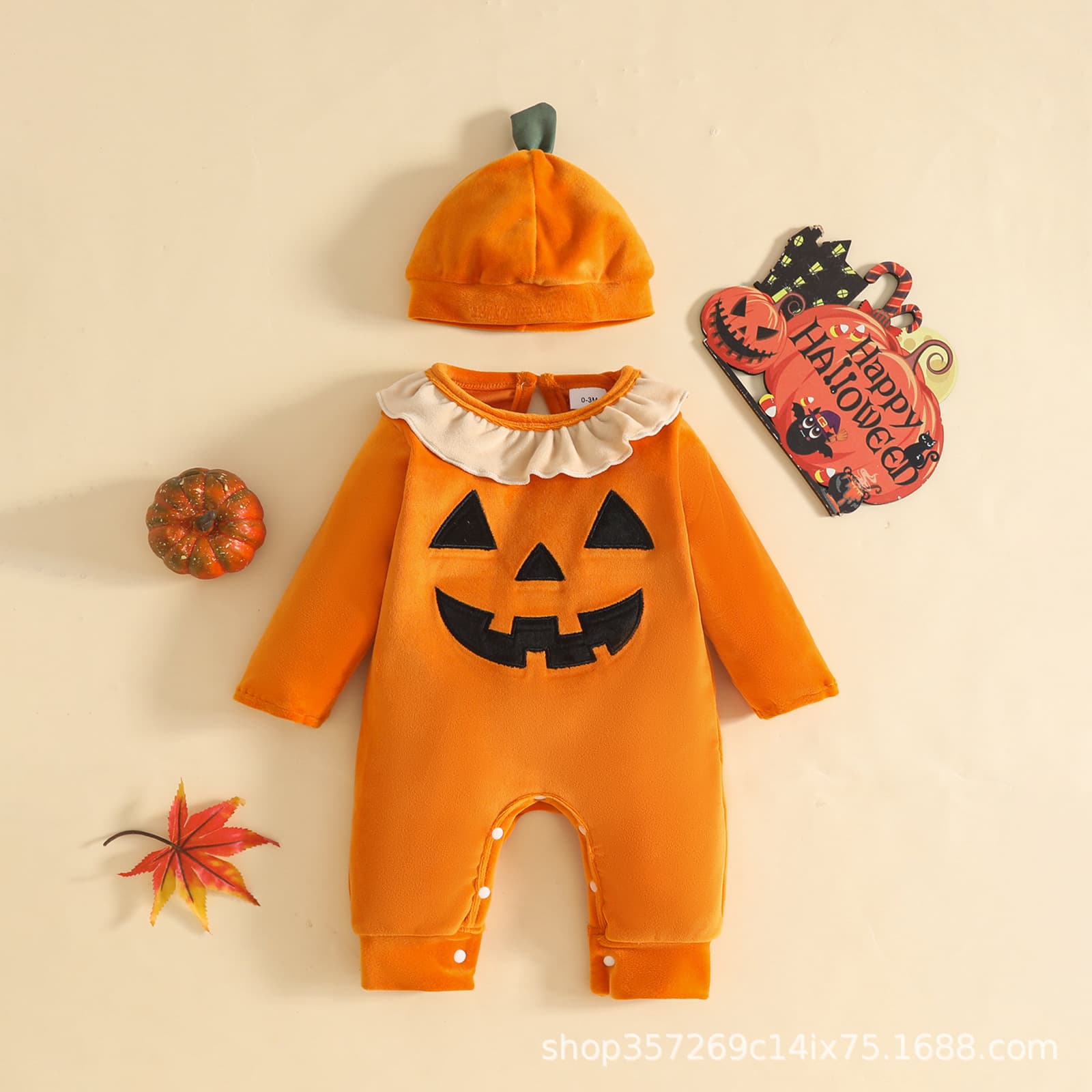Single-piece men's and women's baby Halloween romper for outer wear, fashionable embroidery, cute concealed button pullover, long-sleeved matching hat