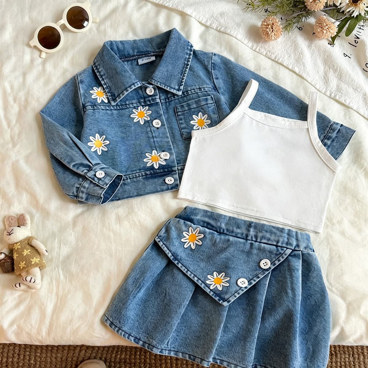 Infant Three-Piece Set: Single-Breasted Embroidered Denim Jacket, Slim Camisole, High-Waist Denim Skirt
