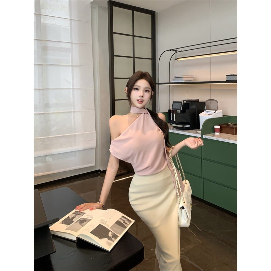 Summer sexy commuting ribbon sleeve chiffon top high waist hip skirt suit women's beige top