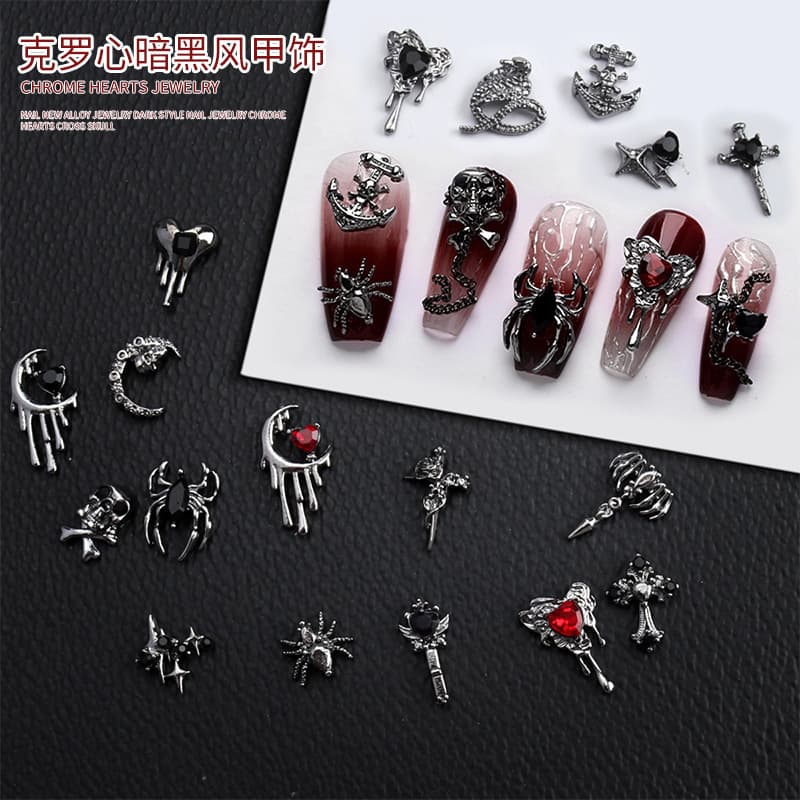 Chrome Hearts Punk Style Hot Selling Halloween Nail Art Accessories Alloy Cross Embellished Black Diamond Dark Style Nail Art Accessories