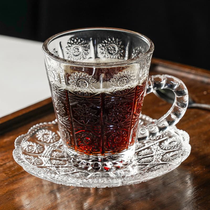 Nordic ins internet celebrity coffee cup light luxury retro embossed coffee cup and saucer home latte cup glass tea cup set