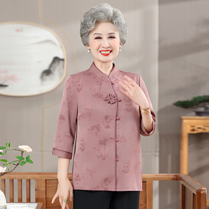 Middle-Aged and Elderly Spring Chinese Style Top Women's Grandma Wear Mother's New High-End Clothes Three-Quarter Sleeve