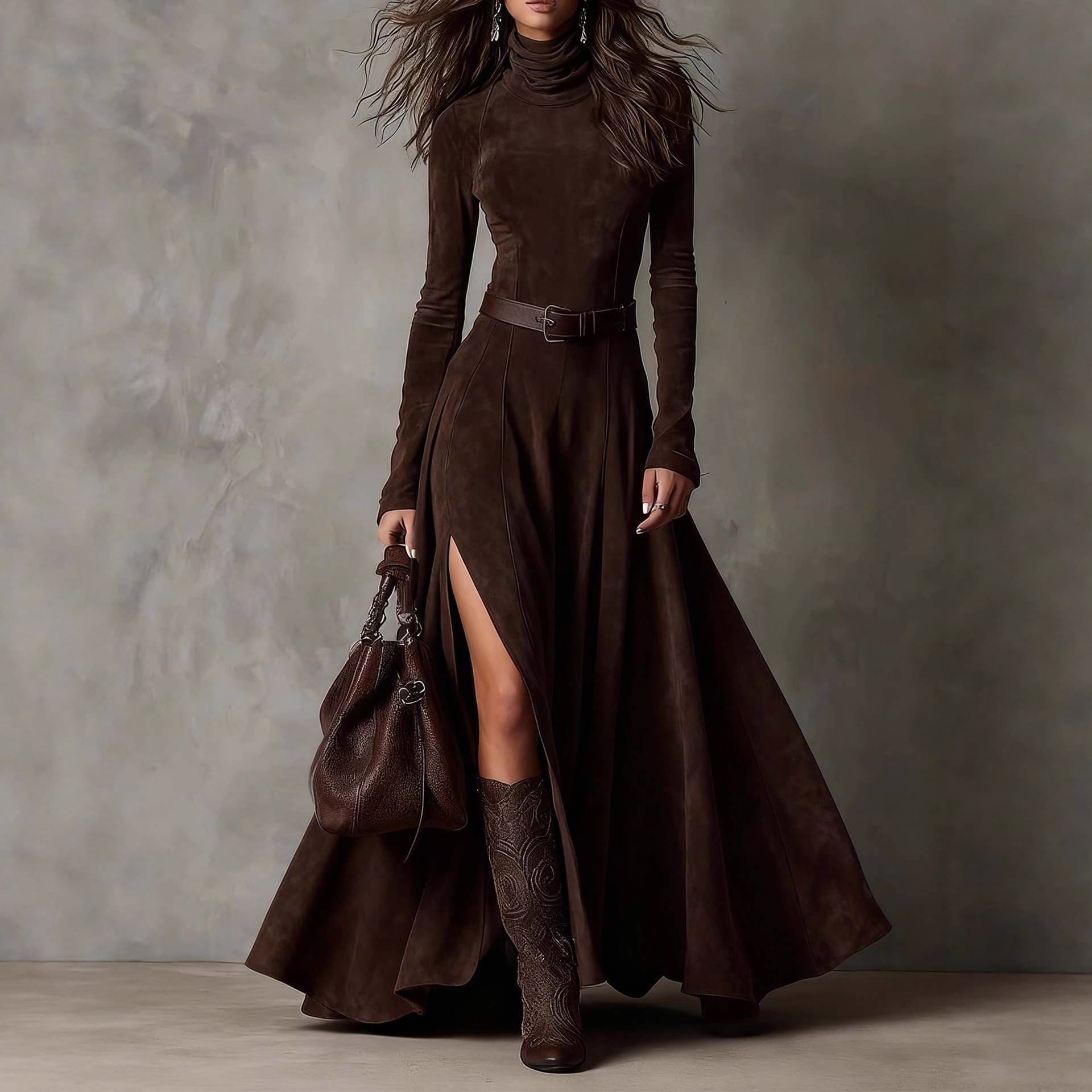 Cross-border Amazon 2025 Autumn and Winter European and American Fashionable Long Dress + Belt