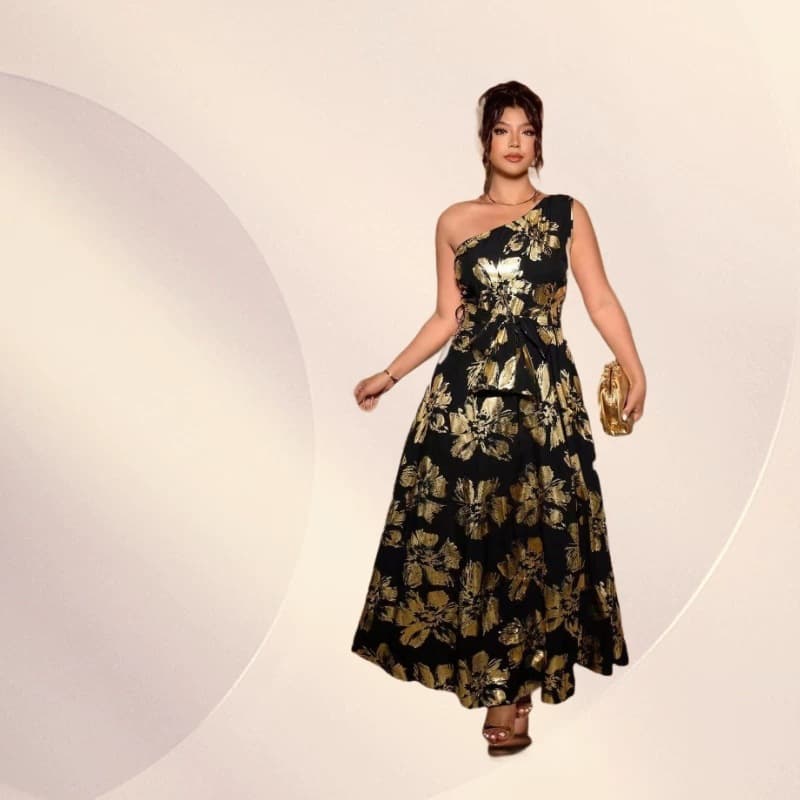 Plus size women's gold printed long dress European and American style one shoulder evening dress elegant slim dress