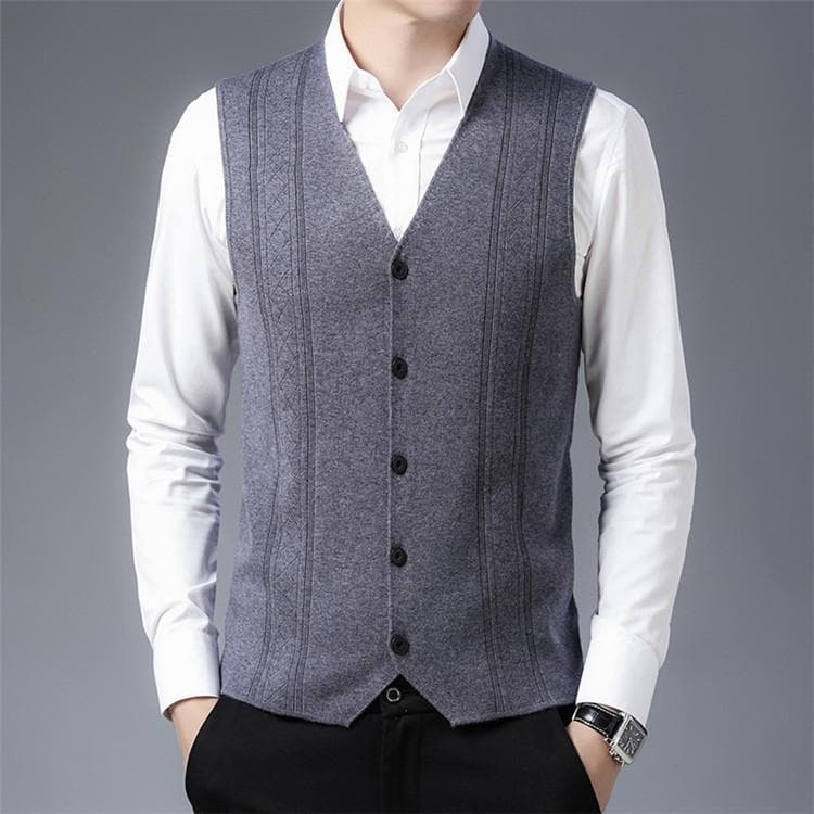 Sleeveless cardigan with wheat ear jacquard pattern, middle-aged knitted vest, father's style, autumn and winter wool open back.