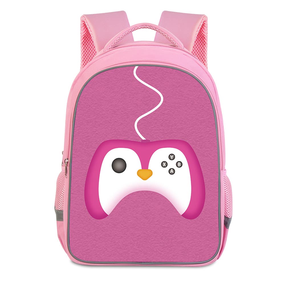 Custom LOGO Pattern Double-Layer Backpack for Kids, 17-inch Cartoon School Bag for Girls, Pink Penguin Design