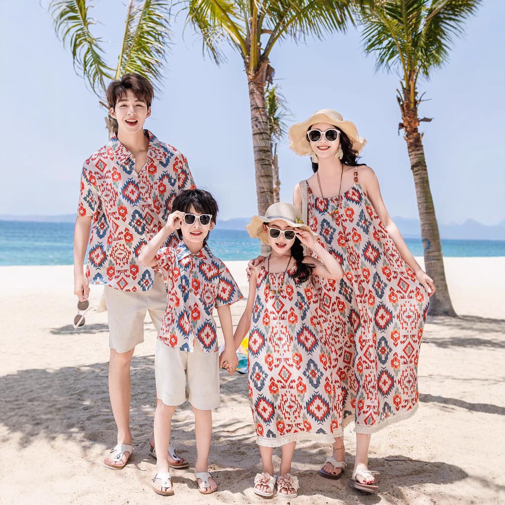 Parent-child set Xishuangbanna Sanya travel outfits beach vacation bohemian ethnic style French strap dress