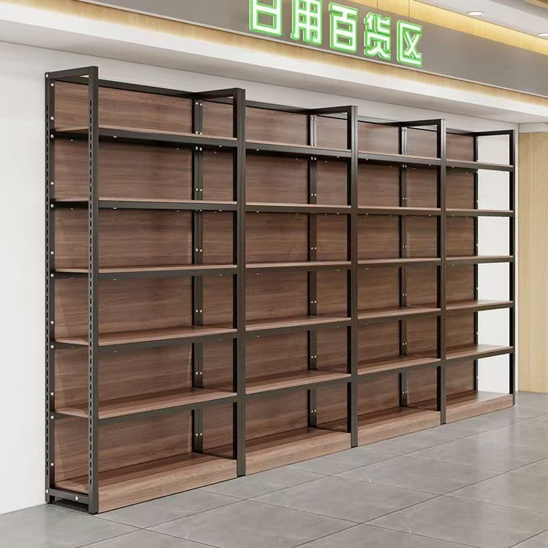 Wood Grain Display Shelf with Multi-Layer Hooks, Convenience Store, Stationery Shop, Snack Store, Baby Store Shelf, Supermarket Shelf