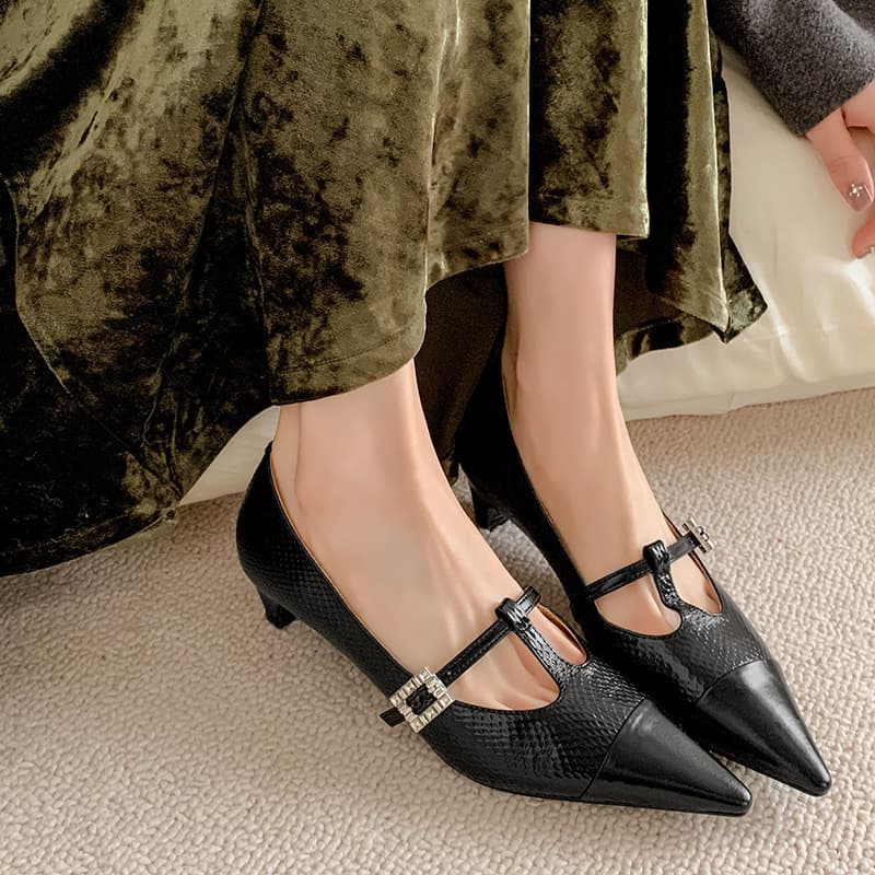 Autumn 2024 New Lizard Pattern Stitching Water Diamond Buckle Mary Jane Shoes Yujie Style T-shaped Pointed Mid-heel Single-layer Shoes for Women