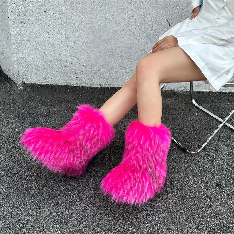 European and American cross-border faux raccoon fur plush snow boots, closed-toe warm fluffy Y2K style for export