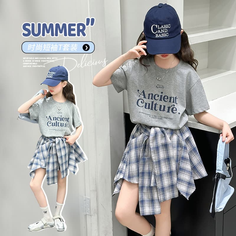 Girls plaid culottes college style short-sleeved suit 2026 summer new short-sleeved T-shirt skirt two-piece set