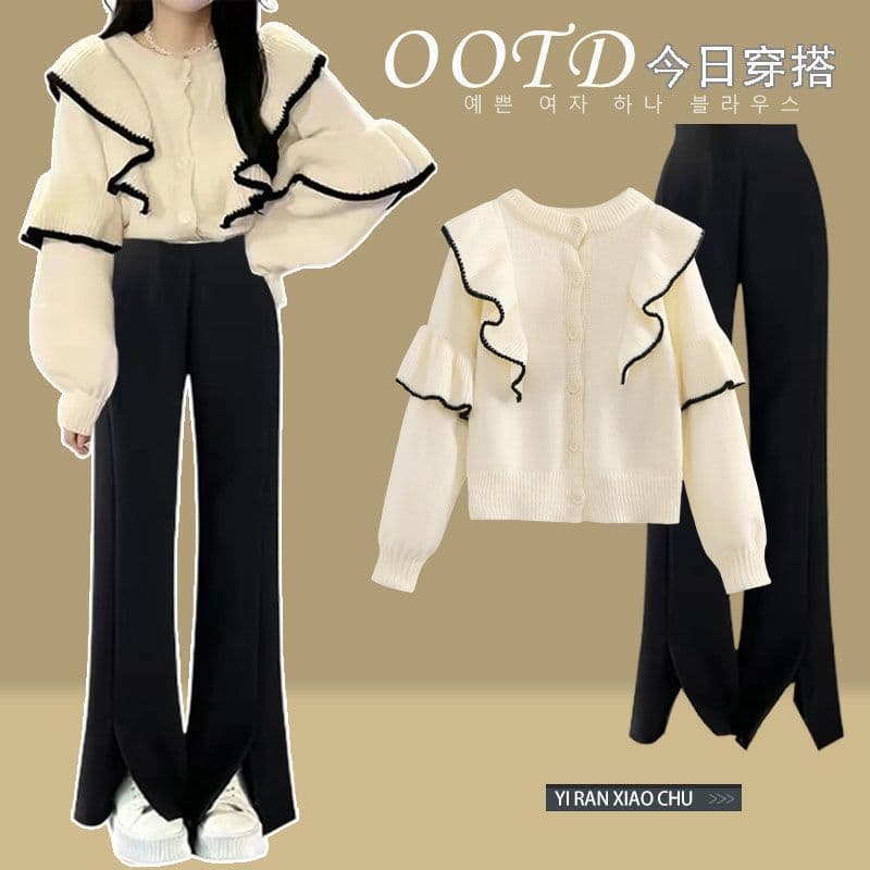 Autumn Suit for Women New Plus-Size Women's Wear Stylish Youthful Slim-Fit Sweater High-Waist Flared Pants Two-Piece Set Trendy