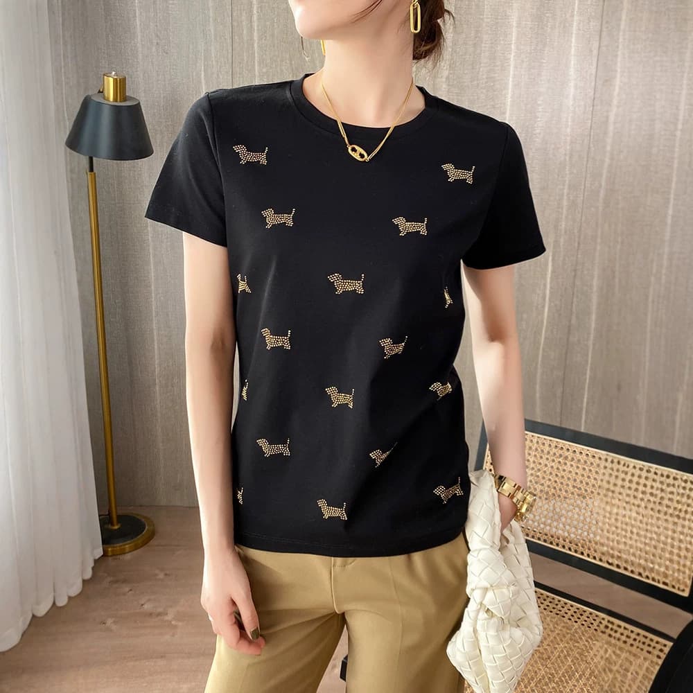 Cross-border Wholesale New Summer 100% Cotton Round Neck Short Sleeve T-Shirt Women Rhinestone Plus Size Top Fashion
