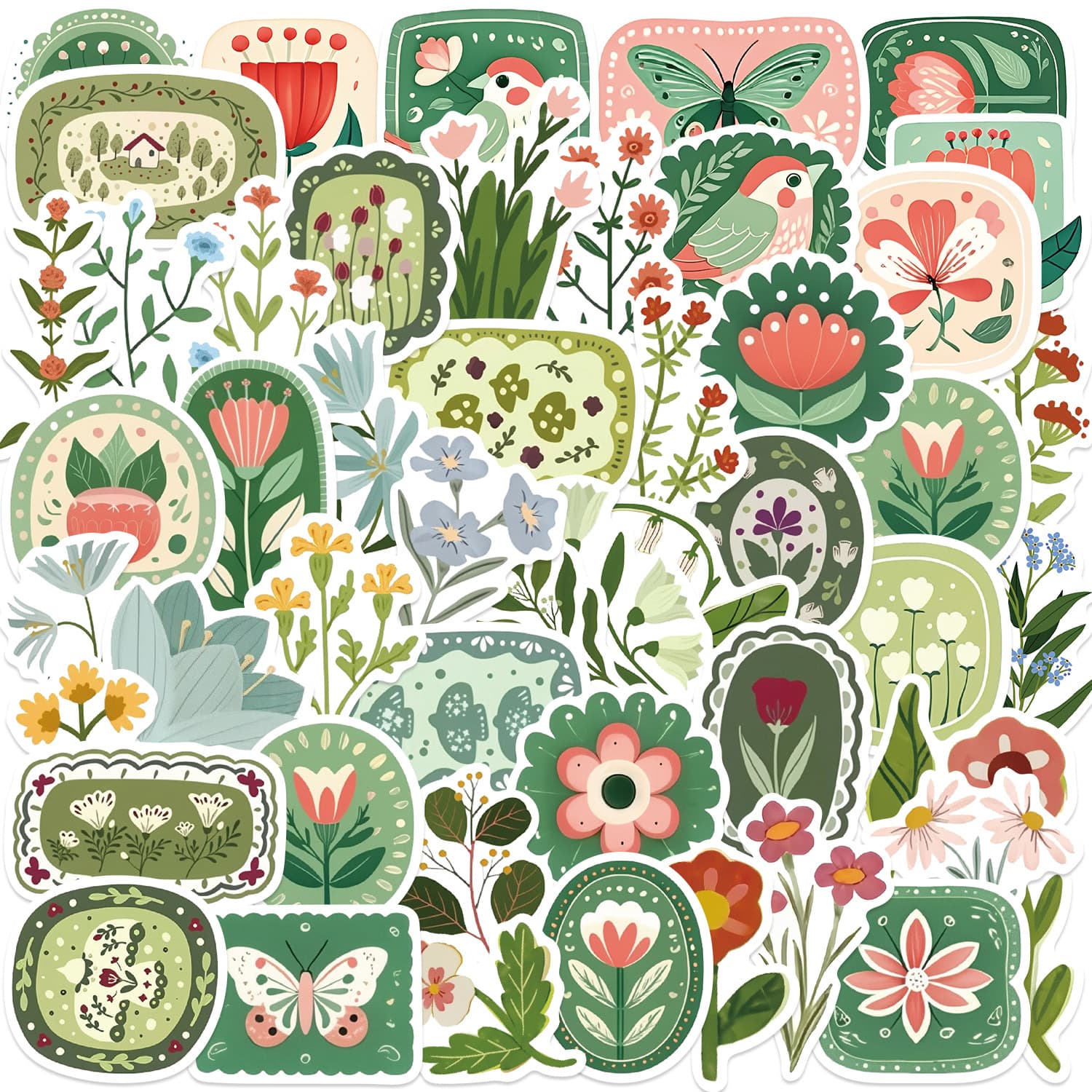 50 Pieces of Green Retro Floral Graffiti Stickers for Decorating Guitars, Notebooks, Suitcases, DIY Waterproof Cross-Border Wholesale