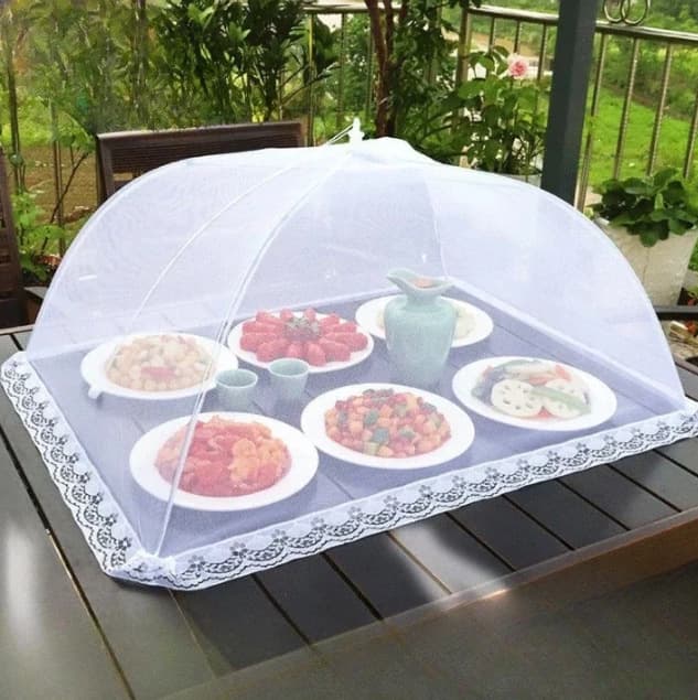 Foldable Washable Dustproof Food Cover, Outdoor Camping Lid with White Lace, Household Mosquito and Insect Protection