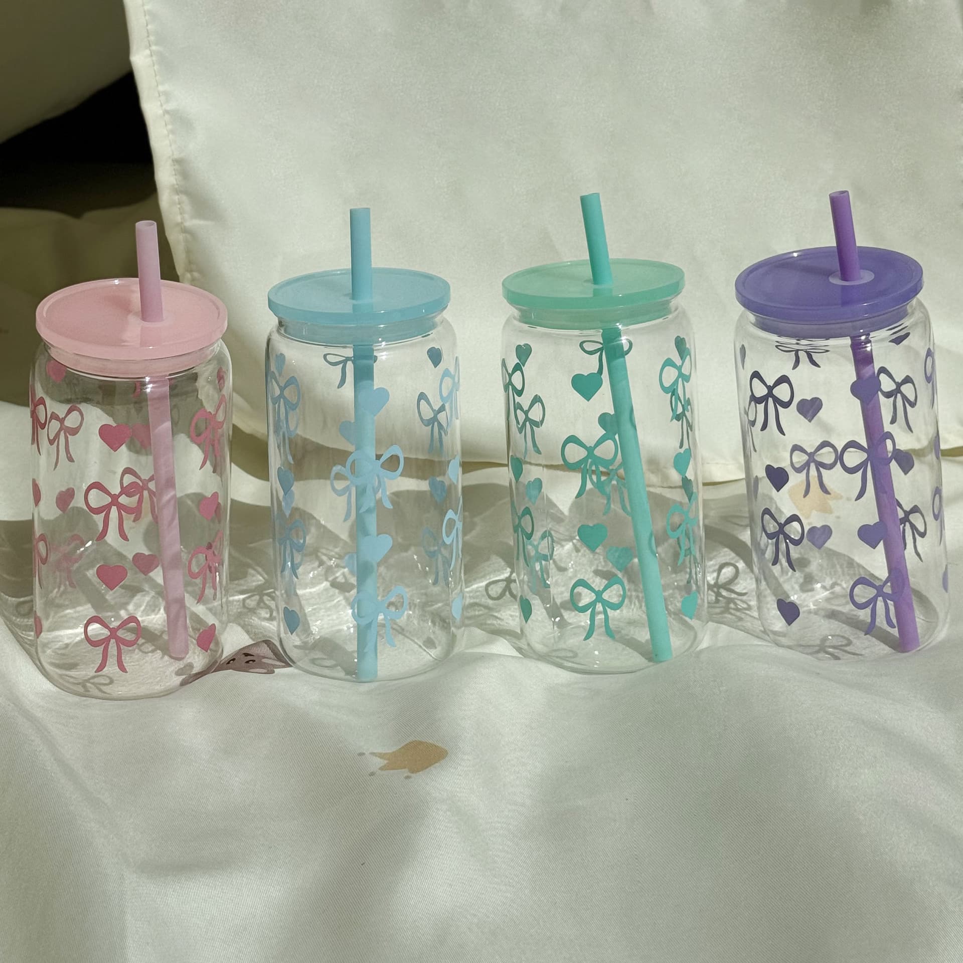 New plastic water cup girl ins bow plastic cup plastic mason cup snowball cup straw cup anti-fall