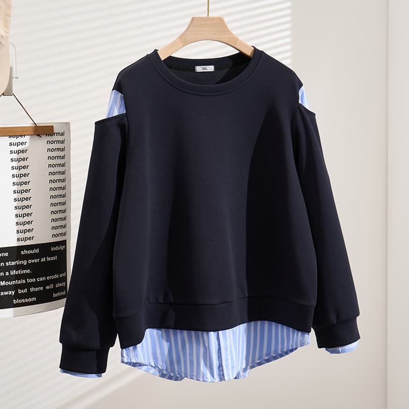 New Spring/Autumn Arrival: Plus Size Korean Style Striped Patchwork Faux Two-Piece Slimming Top for 250 lbs (Size S5592)