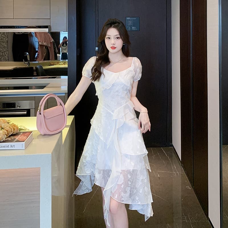 Original jacquard fabric with chiffon lining, French style irregular ruffle dress, first love fairy long skirt
