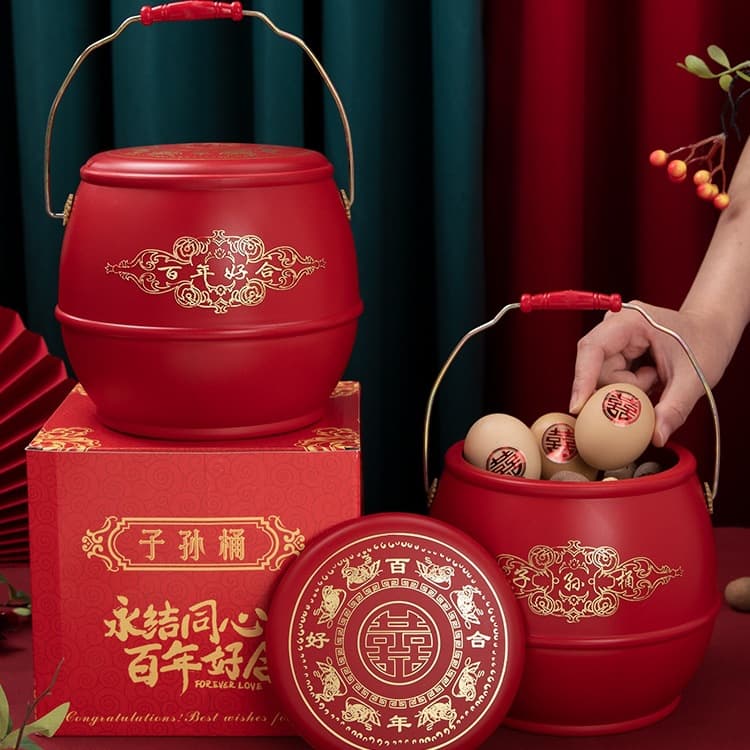 Wedding descendant bucket happiness bucket for the bride's dowry, small red bucket wedding departure complete wedding supplies