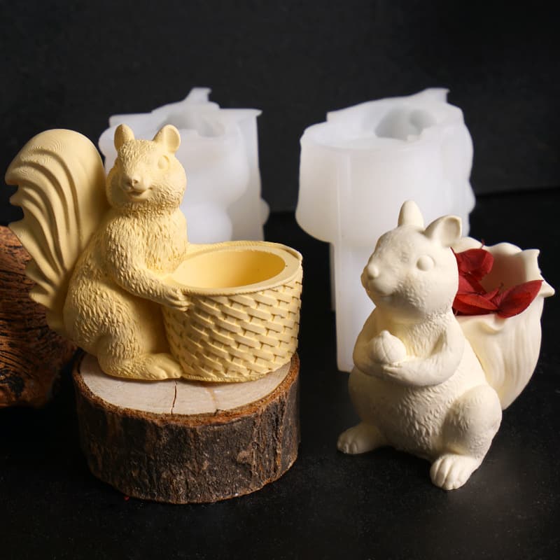 Garden 3D Squirrel Flower Pot Mold - Cute Animal Squirrel Basket Candle Cup Plaster Ornament Silicone Mold