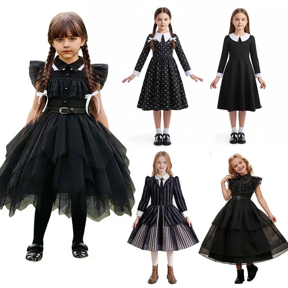 Halloween Wednesday Addams Cosplay Costume Kids Adams Family Black Dress Drop Shipping