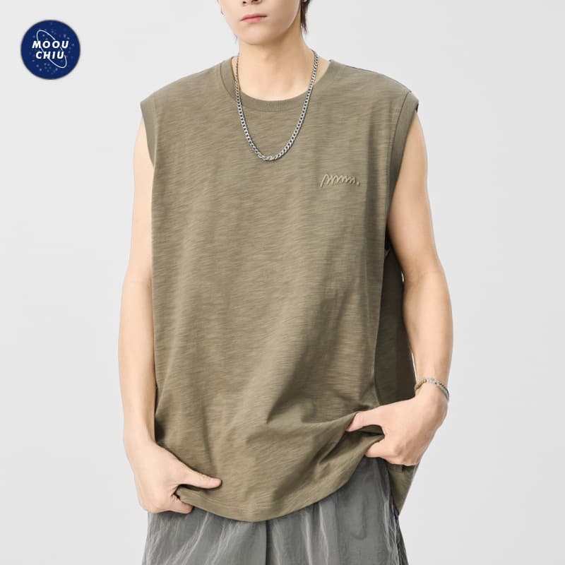Muqiu Men's Wear | American Loose Fit Embroidered Pure Cotton Textured Sleeveless T-Shirt Men's Loose Vest Sports Tank Top