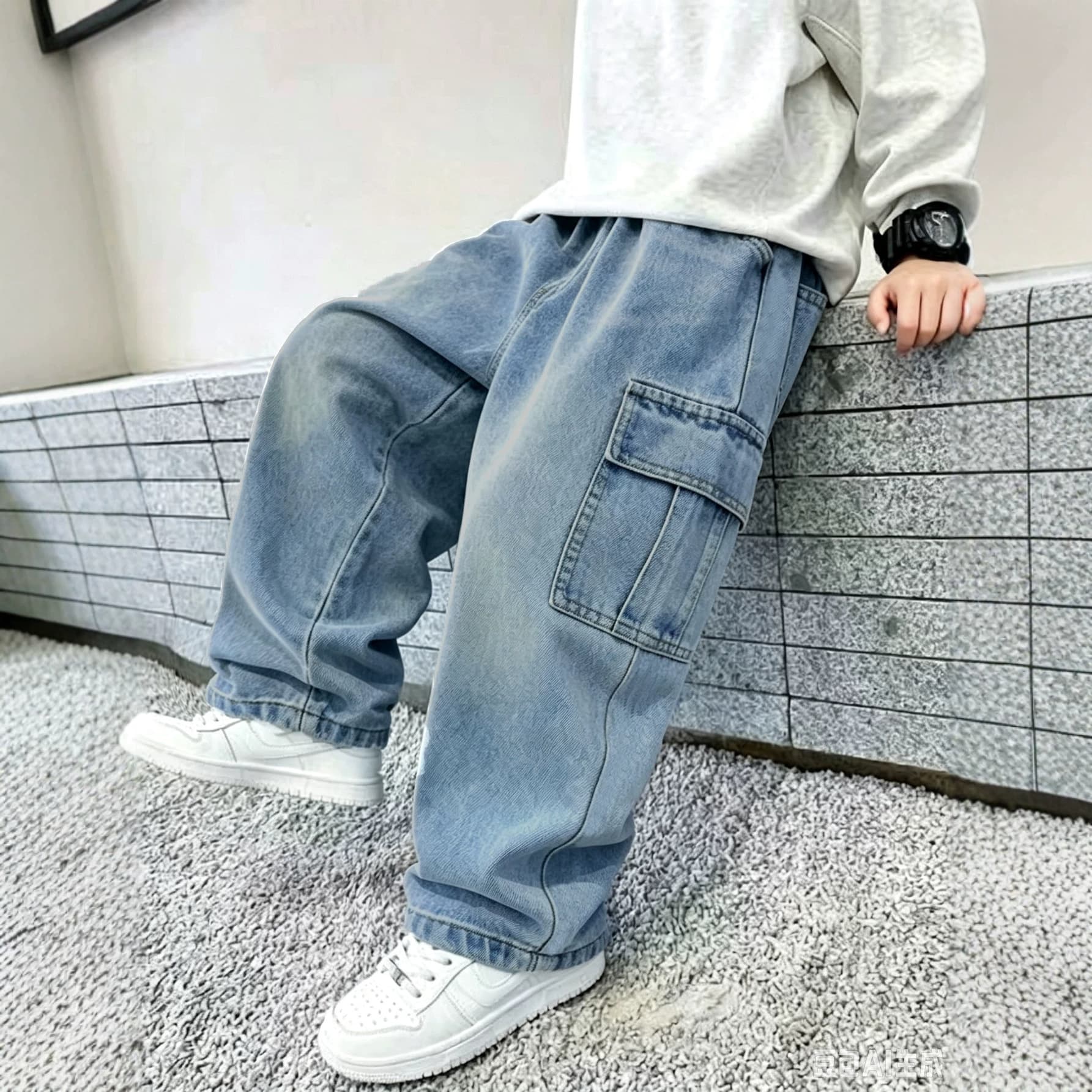 Factory Cross-Border Supply Big Kids Spring Autumn Large Pocket Trendy Cool Cargo Pants Boys Fashion Wide Leg Denim Trousers