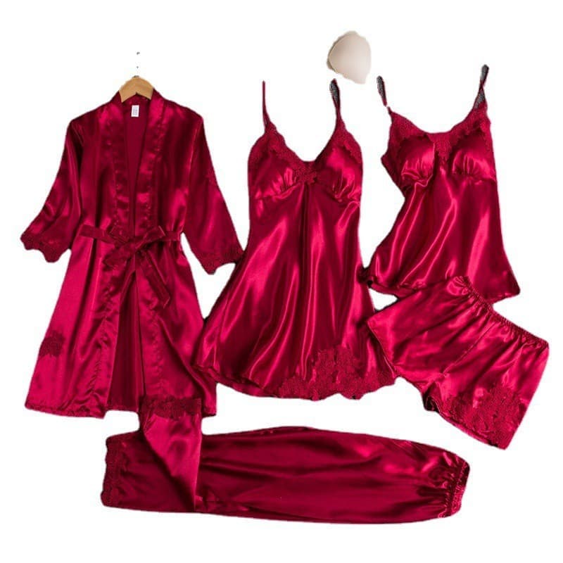 New Women's Summer Ice Silk Sexy Adult Spring/Autumn Long Sleeve Thin Women's Robe Five-Piece Set