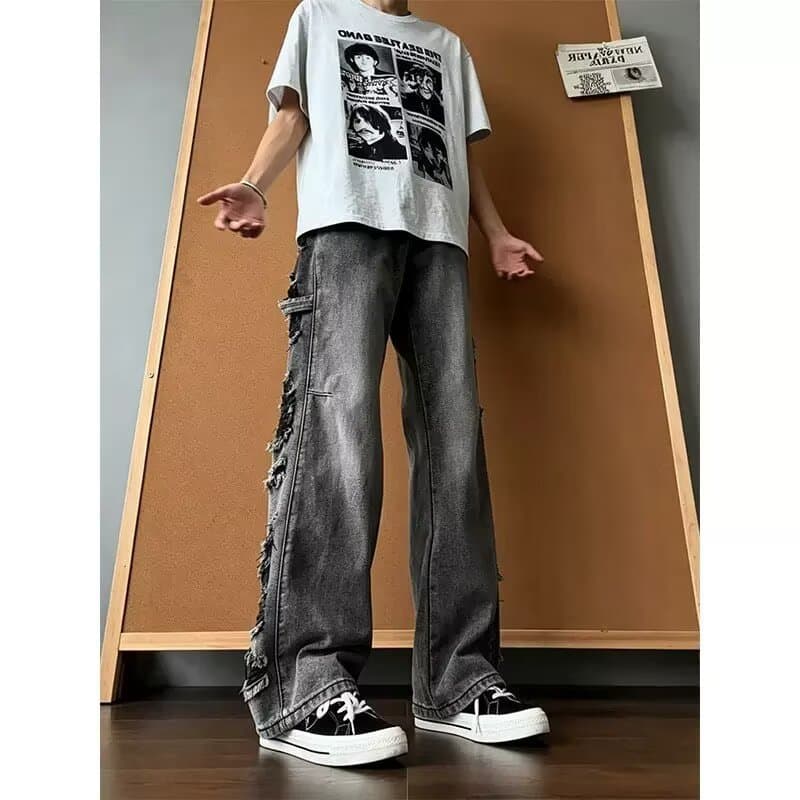 Summer trendy high-waisted pants, retro street style, lazy style, side holes, loose straight wide-leg jeans