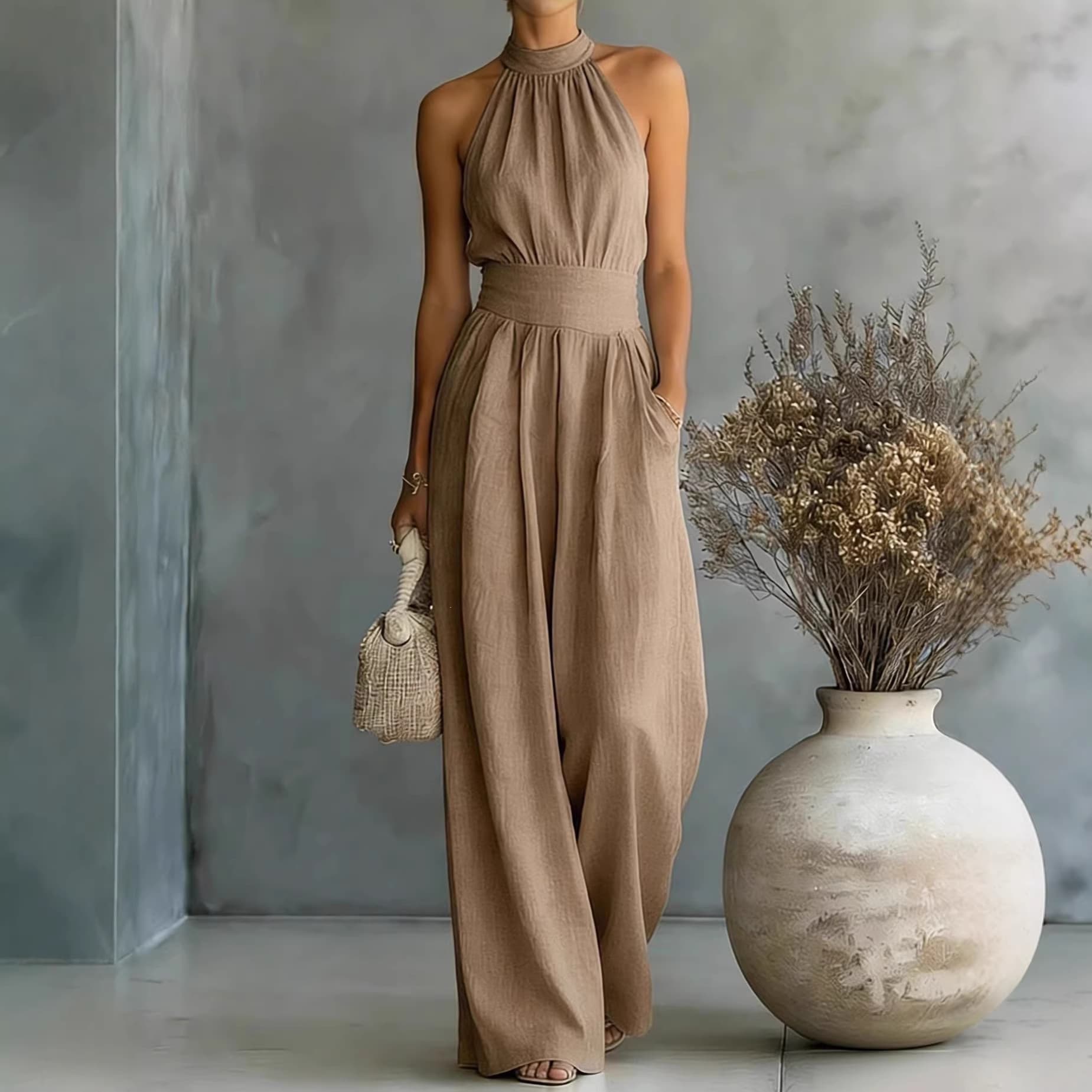 2026 New Popular Sleeveless Halter Neck Jumpsuit with Loose Wide-Leg Design and Elegant Waist-Cinching Style