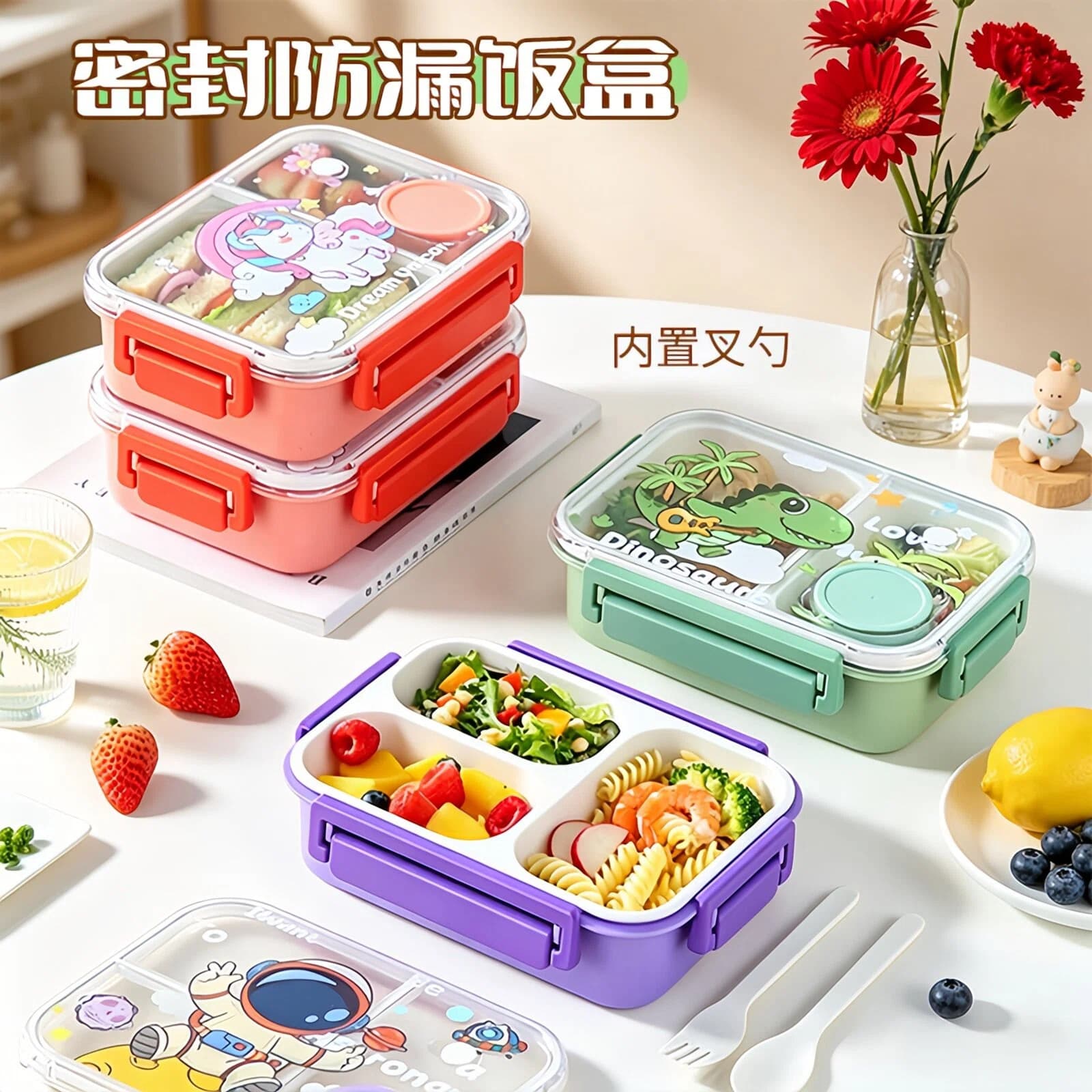 Cute Cartoon Lunch Box, High Appearance Bento Box with Sauce Container, Sealed Meal Prep Container, Divided Lunch Box, Wholesale Stock Available