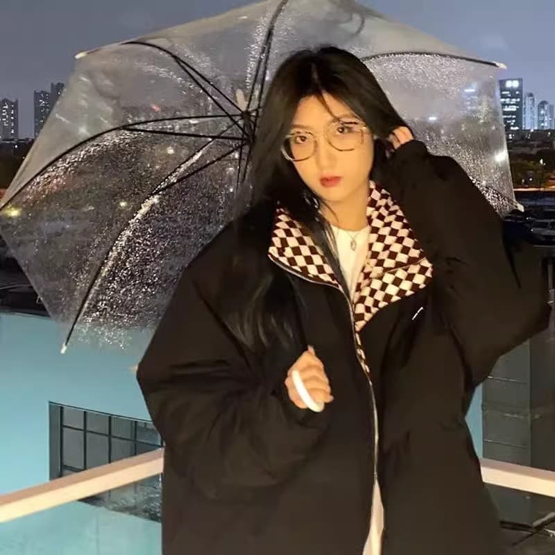 Checkerboard Quilted Coat for Women Winter Retro Hong Kong Style Thickened Loose Puffer Style Niche Design Harajuku Quilted Jacket Trendy