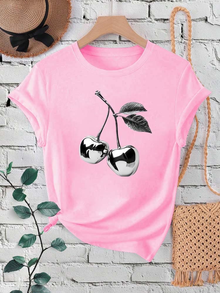 European and American Cross-border Trade Women's Cherry Pattern Round Neck Printed Short Sleeve T-Shirt Top