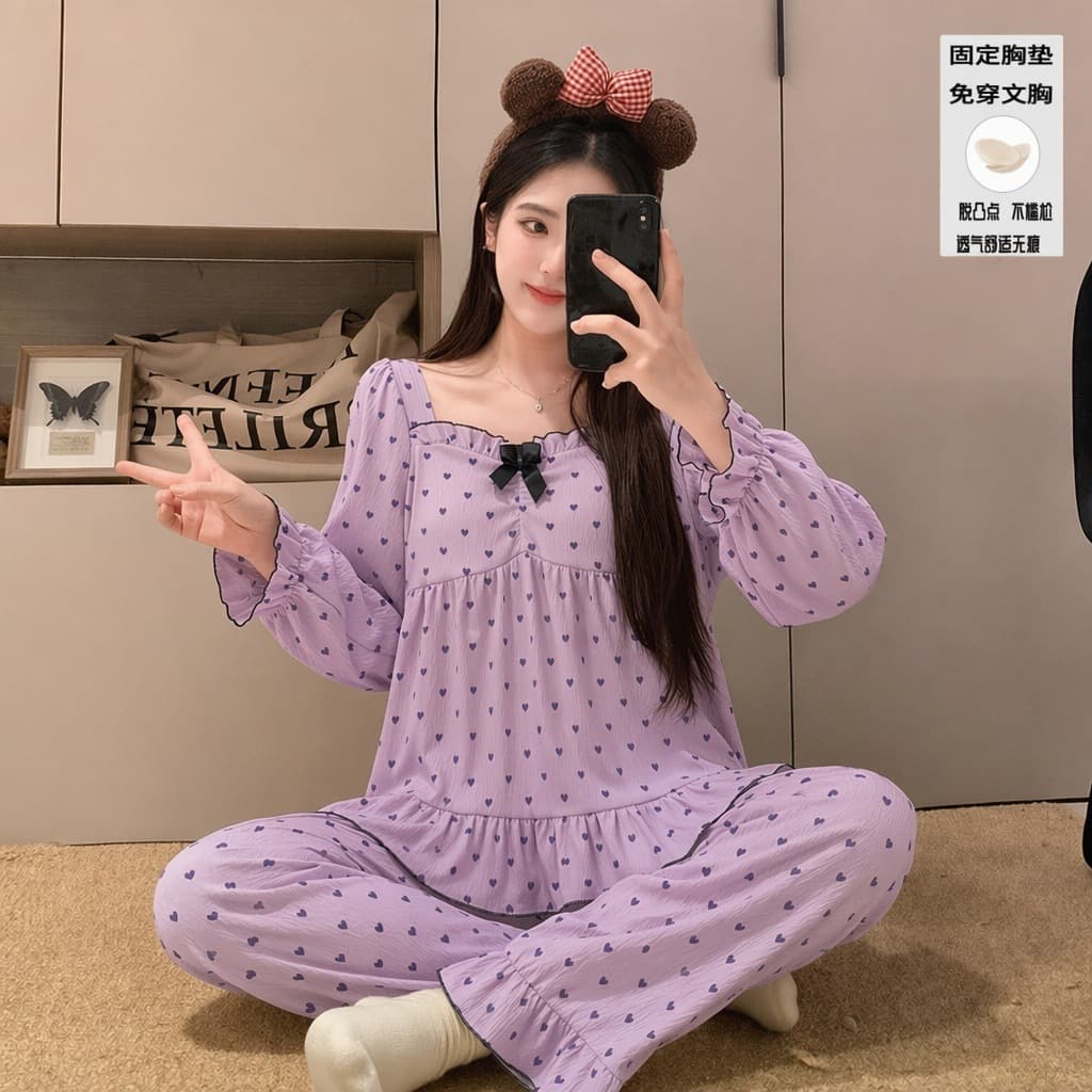 Cloud Cotton Pajamas with Built-in Bra for Women Spring Autumn New Sweet Simple Long Sleeve and Pants Wear-Out Homewear Set
