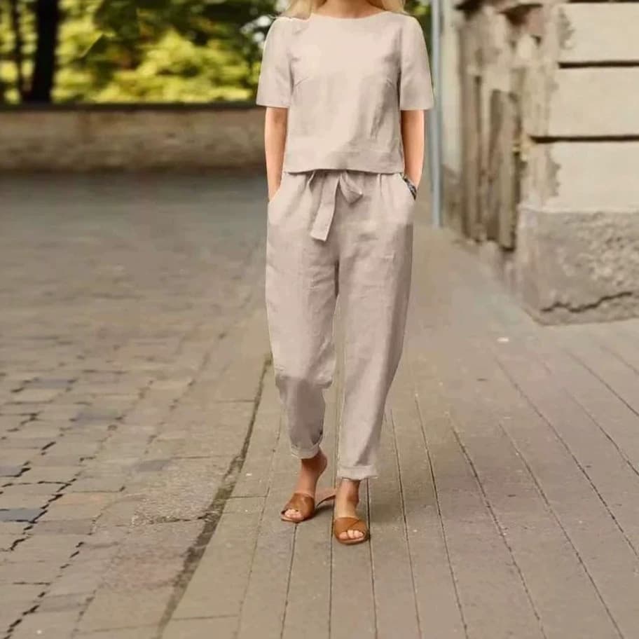 In Stock Cross-border Export Women's Cotton Linen Summer Matching Set Short Sleeve O-neck Oversized Cover-up Wide-leg Pants Retro Suit
