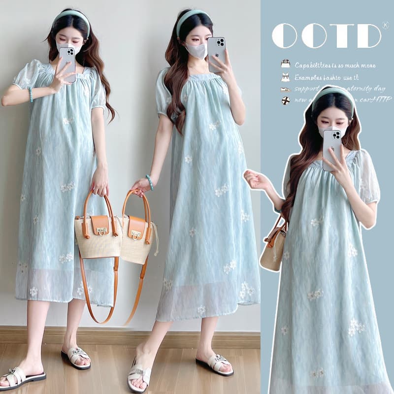 Maternity Summer Dress New Style Fashionable Age-Reducing Korean Maternity Loose Embroidered Square Neck Short Sleeve Chiffon Dress