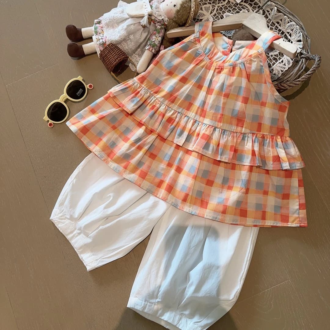Girls' Outfit Summer New Girls Orange Sea Salt Plaid Fashion Vest Top + Lace Trim Two-Piece Set GG002