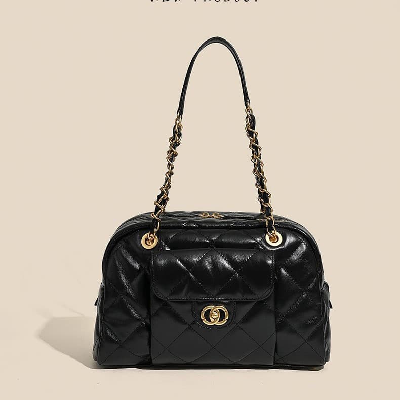 New Genuine Leather Quilted Bowling Bag Large Capacity Top Layer Cowhide Commuter Versatile Handbag Shoulder Bag