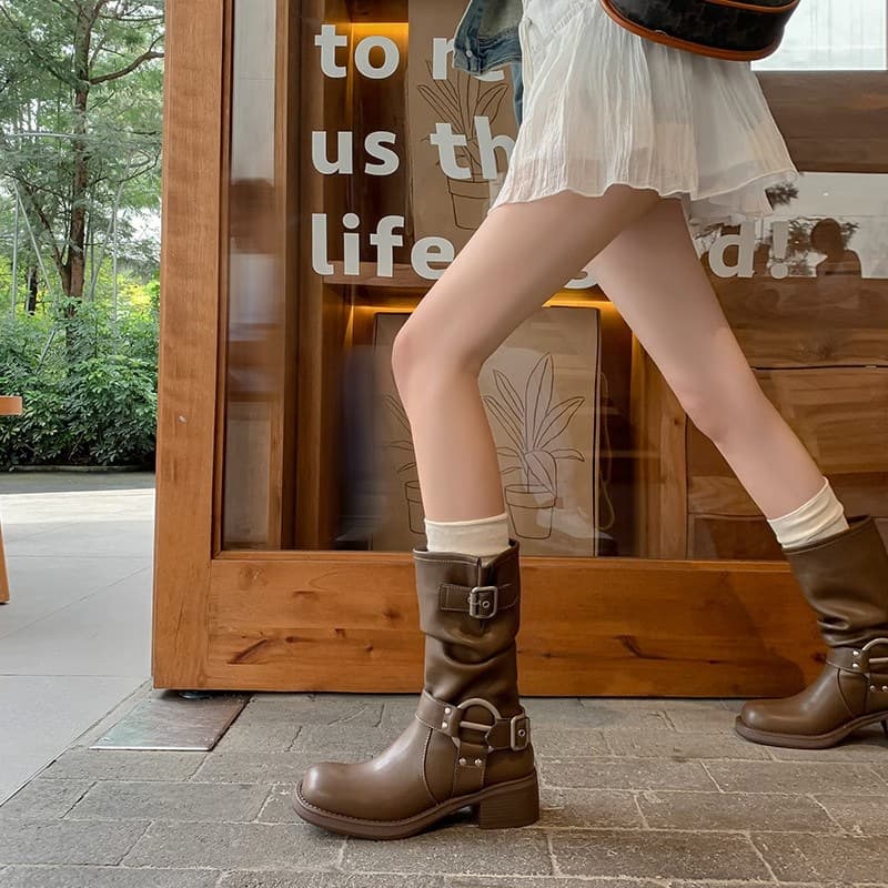 2024 European and American Western Belt Buckle Stack Boots, Mid Calf Boots for Women, High Boots, Riding Boots, Martin Boots