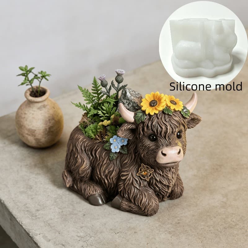 Resin Silicone Mold Highland Cow Calf Succulent Flower Pot DIY Gypsum Resin Desktop Storage Pouring Mold