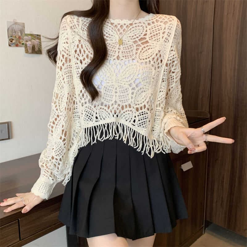 Bohemian large size butterfly embroidered long-sleeved tassel outer layering autumn high-end hollow top blouse