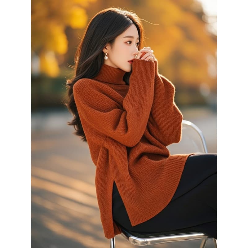 Brown Turtleneck Sweater for Women Winter New Korean Style High-End Vibe Loose Soft Knit Pullover Top