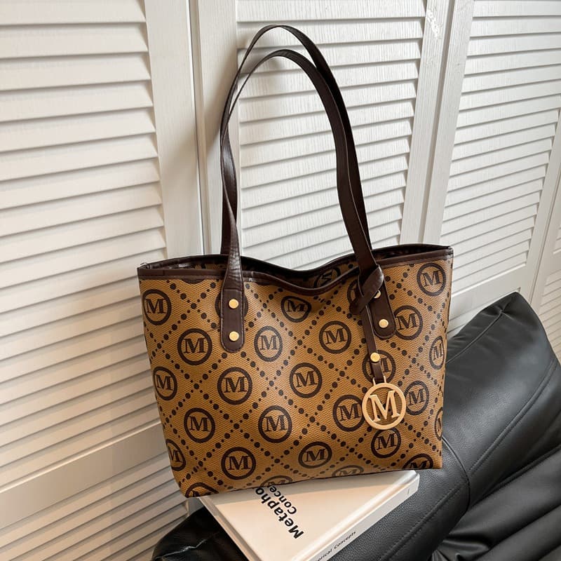 Printed Large Capacity Tote Women's Bag Retro Fashion Trend Commuting Shoulder Women's Bag Presbyopic Texture Hand-held Bucket Bag