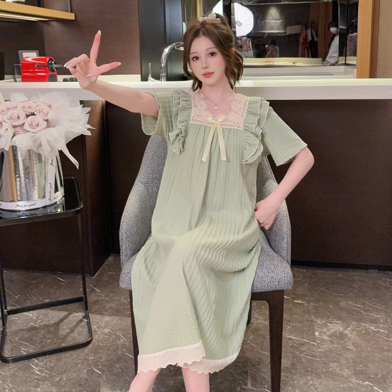 Summer Knitted Cotton Rib Nightgown with Lace Bow, Short Sleeve Dress for Teen Girls, Plus Size, Home Dress